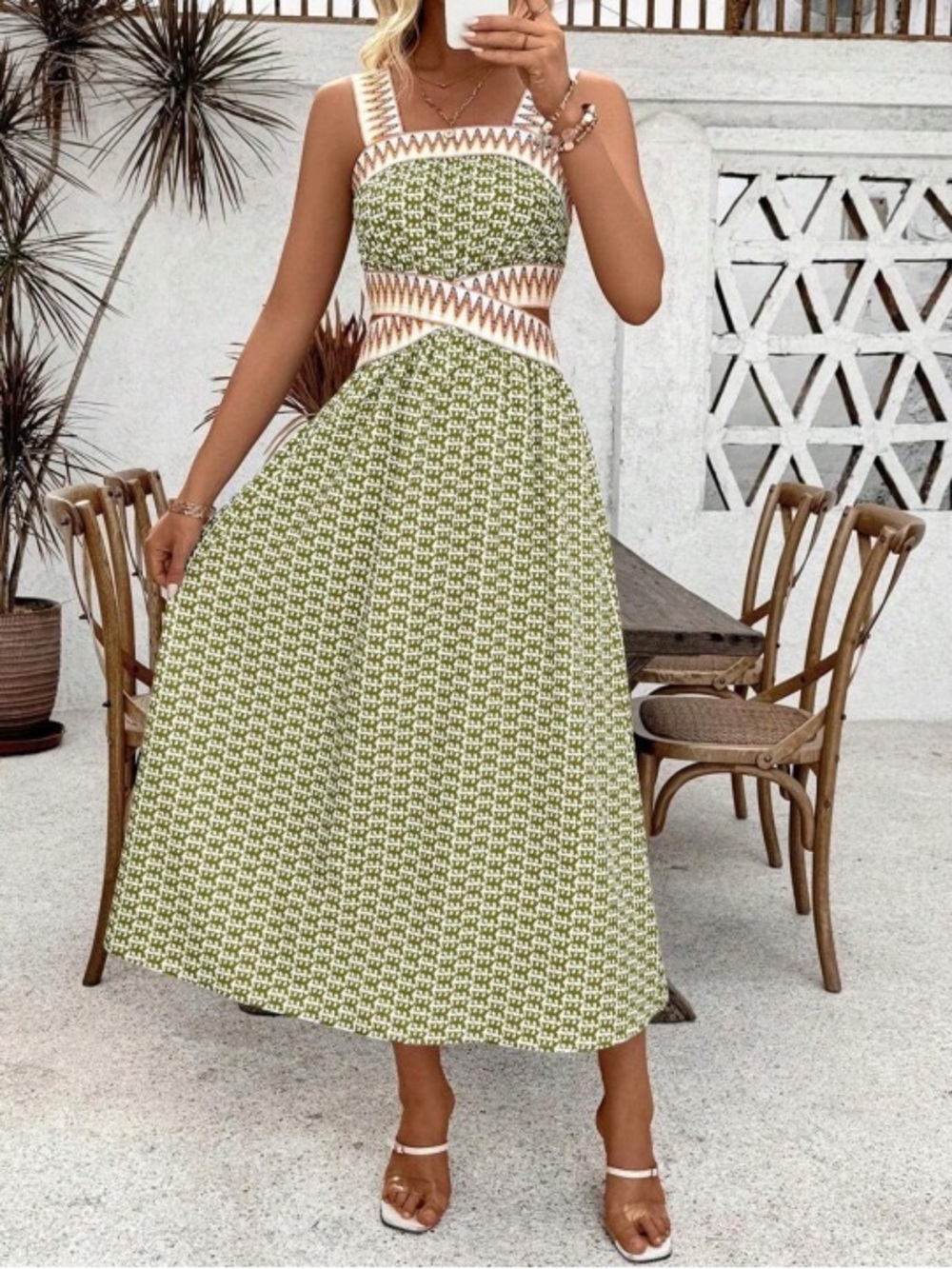 NWOT Boho Geometric Floral Cut Out Maxi Dress XL Green Square Neck Cottagecore